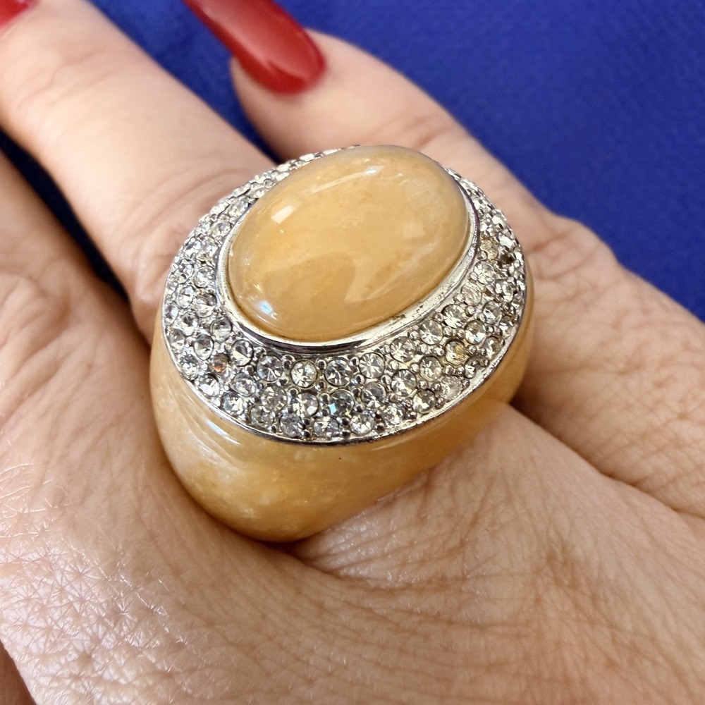 Yellow Resin Silver Tone Rhinestone Statement Cocktail Ring Womens Sz 7 Dome